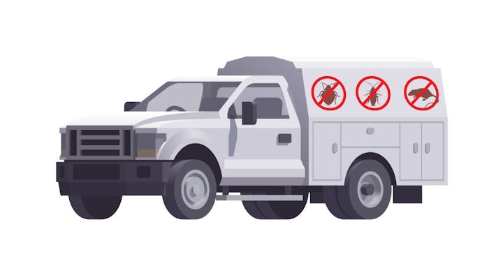 Vector image of a white truck with a closed back of truck that has little images of pests with red circles and crossed lines over them.  A pest control truck.