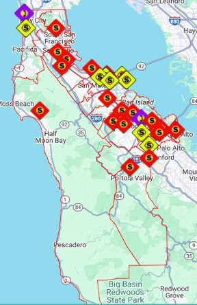 Map with color-coded markers indicating locations in the San Francisco Bay Area.