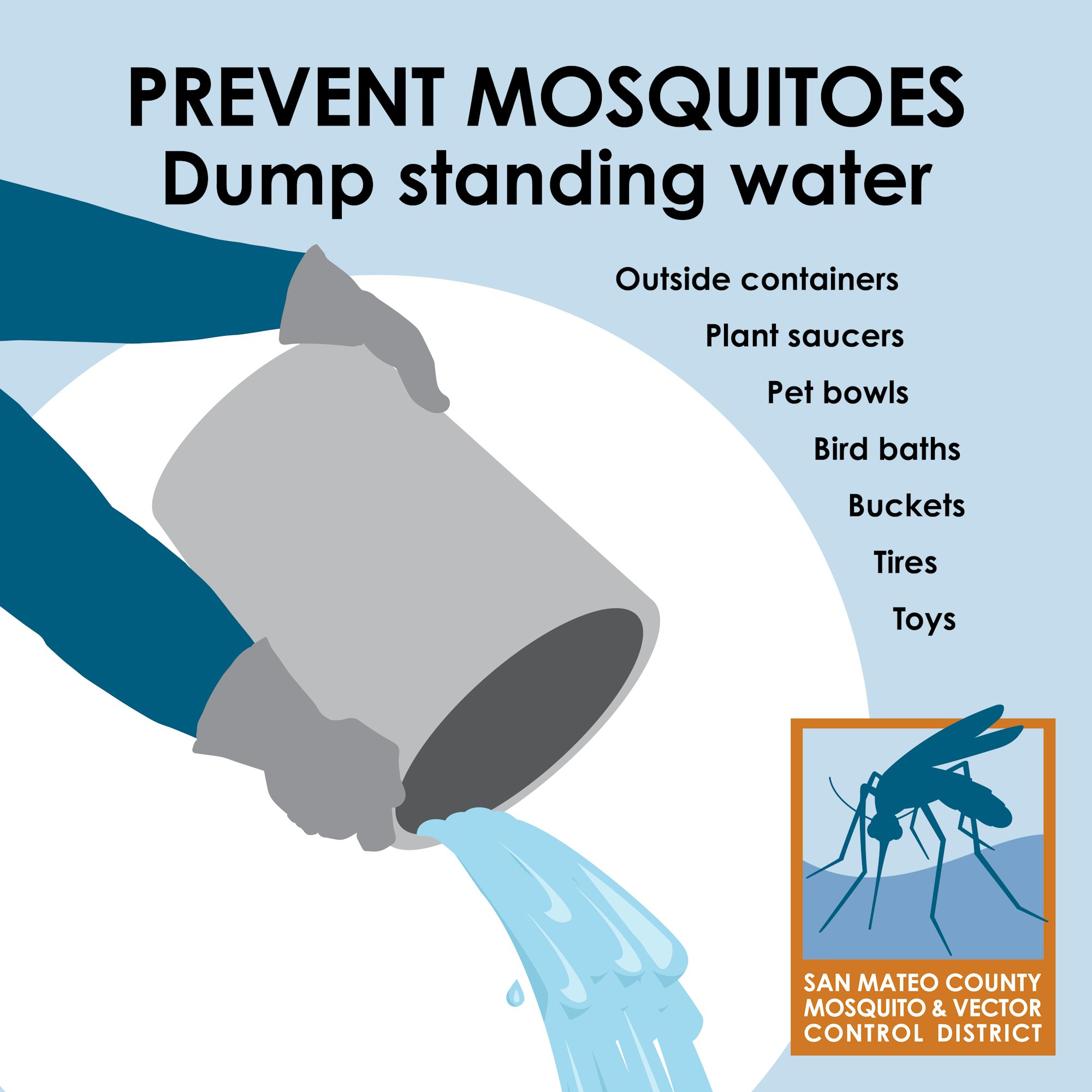 The image promotes mosquito prevention by dumping standing water from various containers.