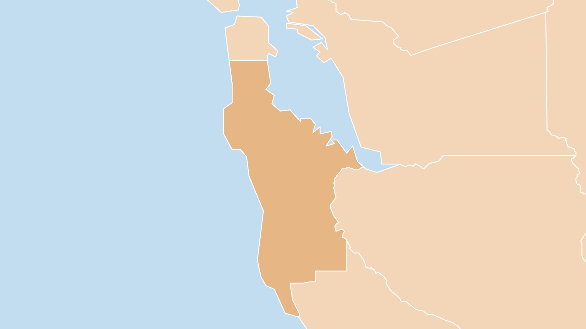 Map showing the outline of San Mateo County in relation to the Ocean, Bay, and other counties.