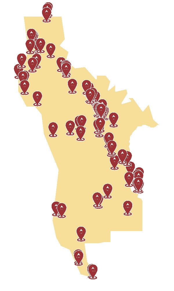 Computer generated image of the filled-in outline of San Mateo County. There are dozens of little red pins all over the map.