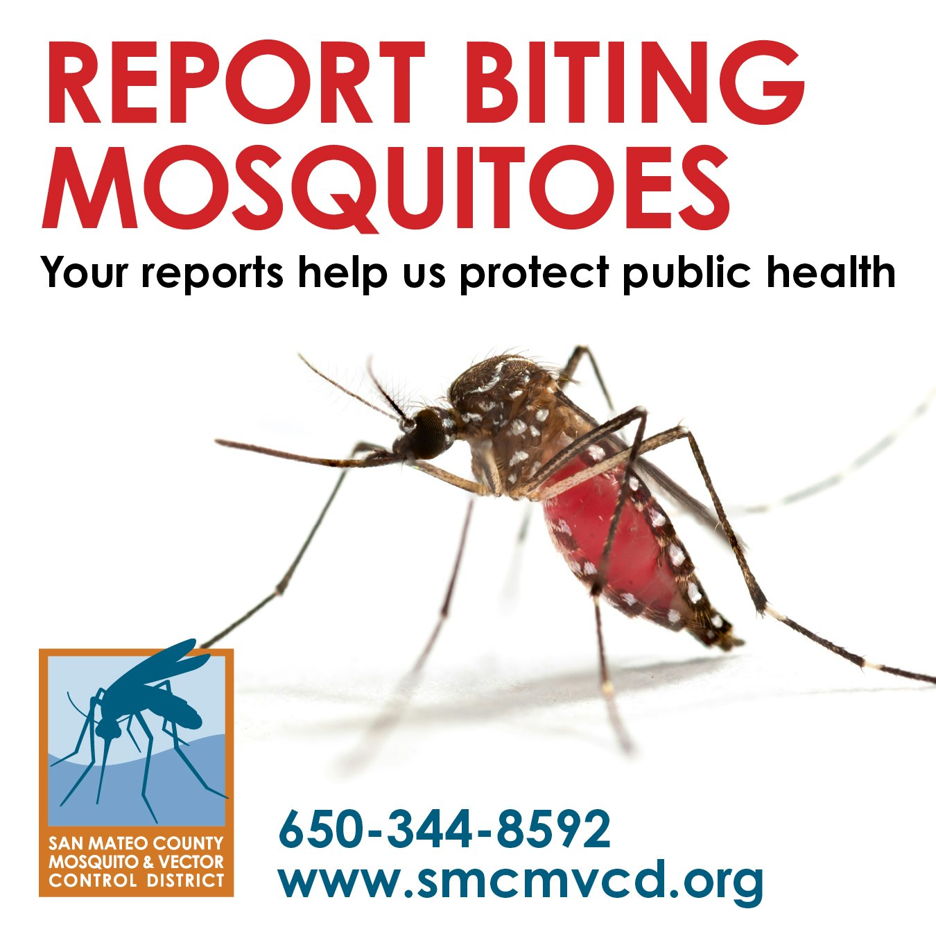 Report biting mosquitoes to protect public health. Contact San Mateo County Mosquito and Vector Control District, 650-344-8592, www.smcmvcd.org