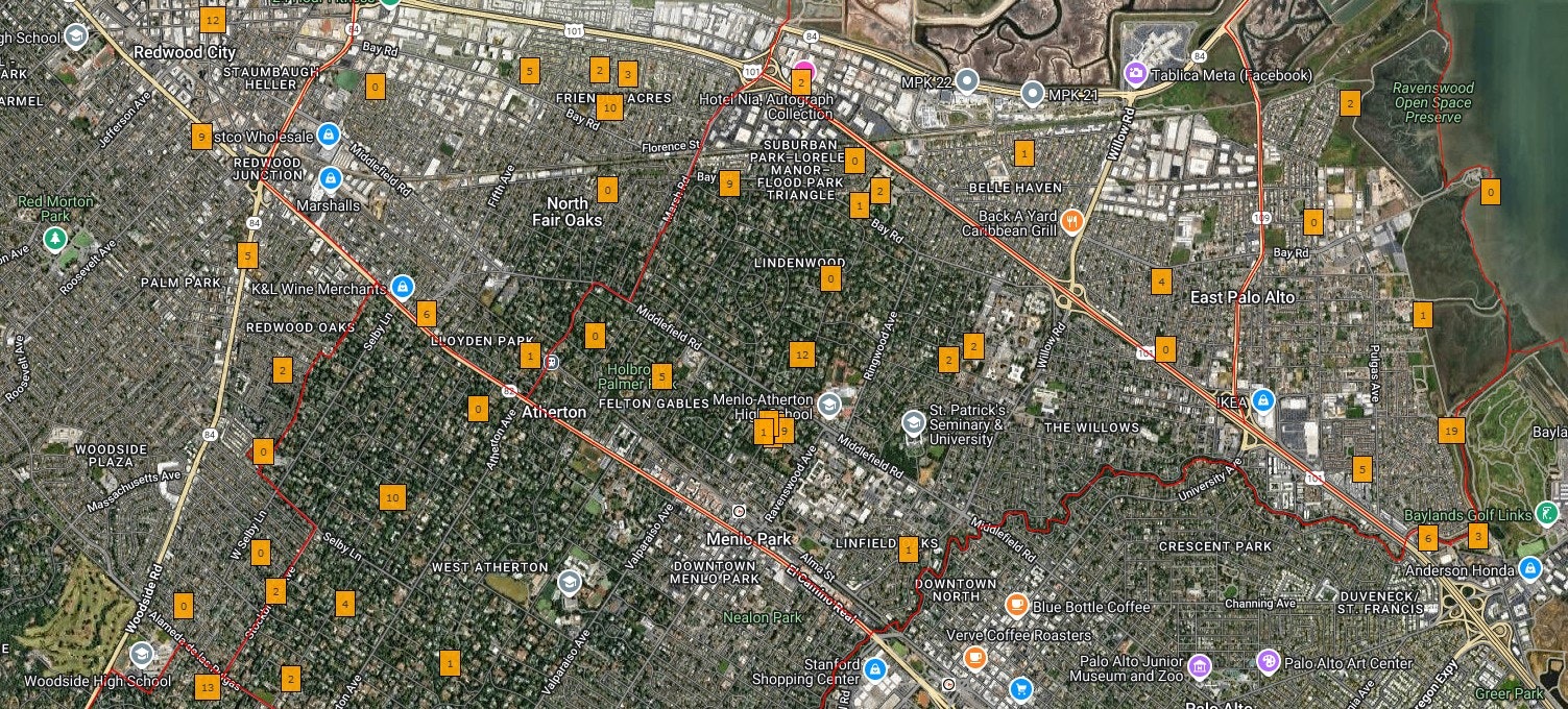 Map showing Redwood City, Menlo Park, and East Palo Alto with roads, parks, and various landmarks marked.