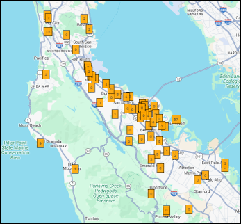 The image shows a map with marked locations in the San Francisco Bay Area, possibly indicating points of interest or data points.
