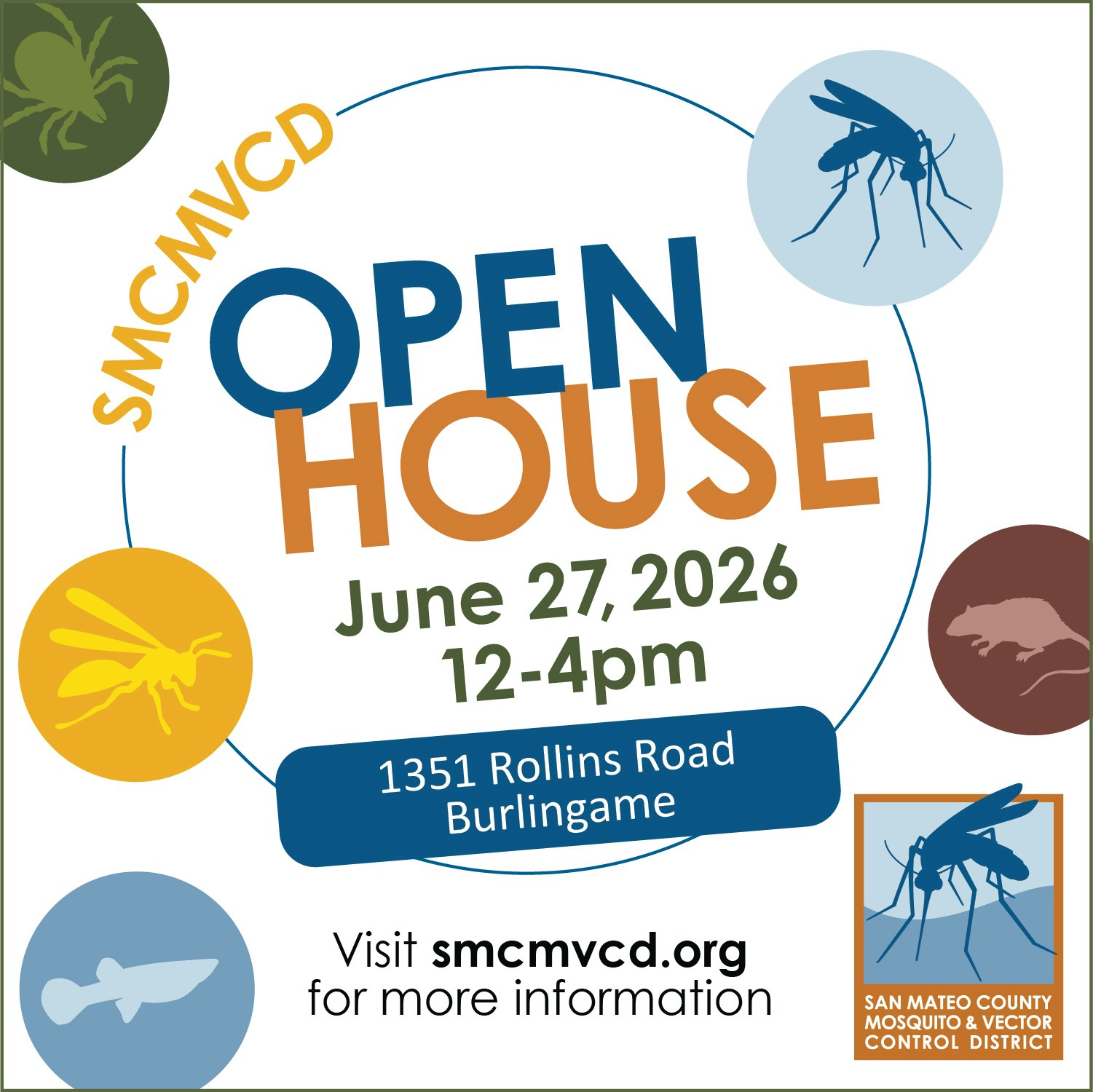 Open House for San Mateo County Mosquito & Vector Control on June 27, 2026, from 12-4 PM at 1351 Rollins Road, Burlingame.