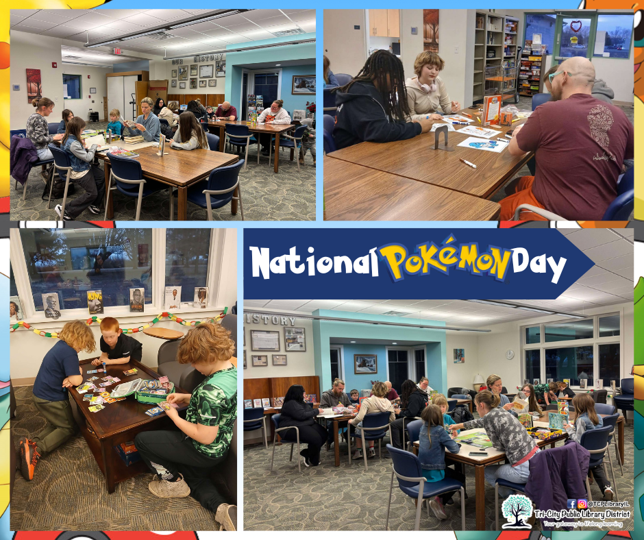 People gathered in a library playing Pokémon games for National Pokémon Day.