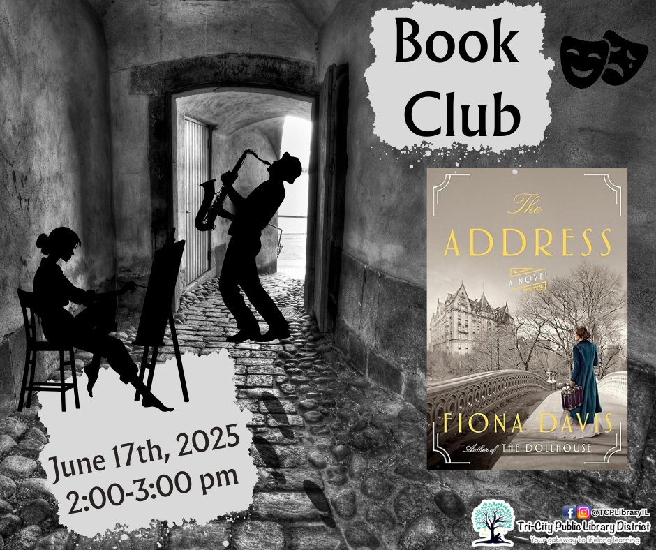 Silhouettes: a saxophonist and painter in an alley. "Book Club", "The Address" novel cover, and event details for June 17, 2025, 2-3pm.