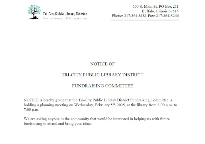 Notice for a Tri-City Public Library fundraising meeting on February 5th, 2025, from 6-7 PM. Community members invited.