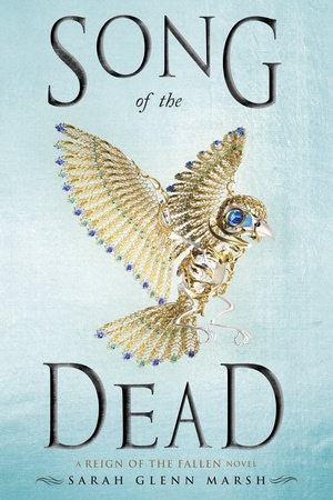 A book cover titled "Song of the Dead" with a jeweled bird illustration.