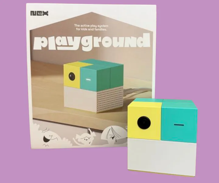 Colorful modular toy box system named "playground" for active play, with packaging showing playful design elements.
