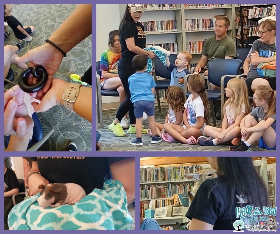 A library event with children observing various animals, including a millipede, guinea pig, and interactions with a presenter.