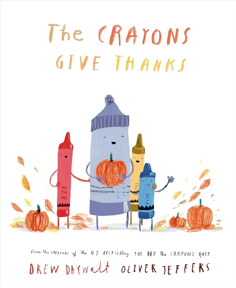 Illustrated book cover titled "The Crayons Give Thanks" featuring anthropomorphic crayons and pumpkins.