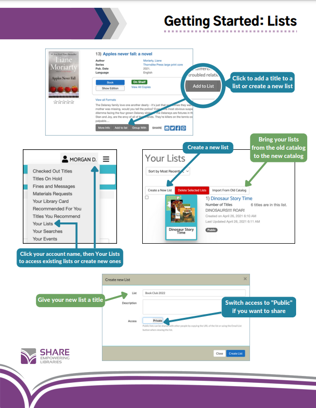Instructions on creating and managing book lists in a library catalog system.