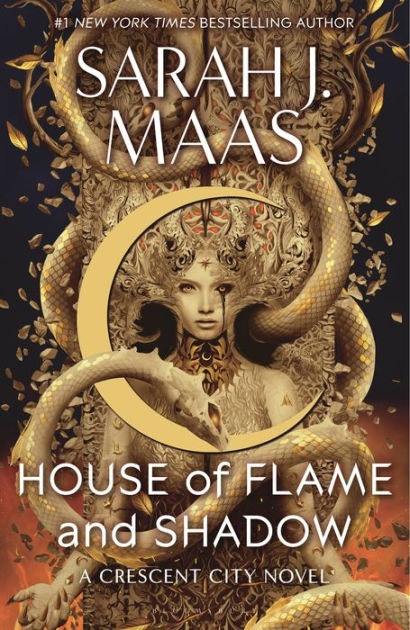 Book cover with a stylized woman and snake, titled 'House of Flame and Shadow' by Sarah J. Maas.