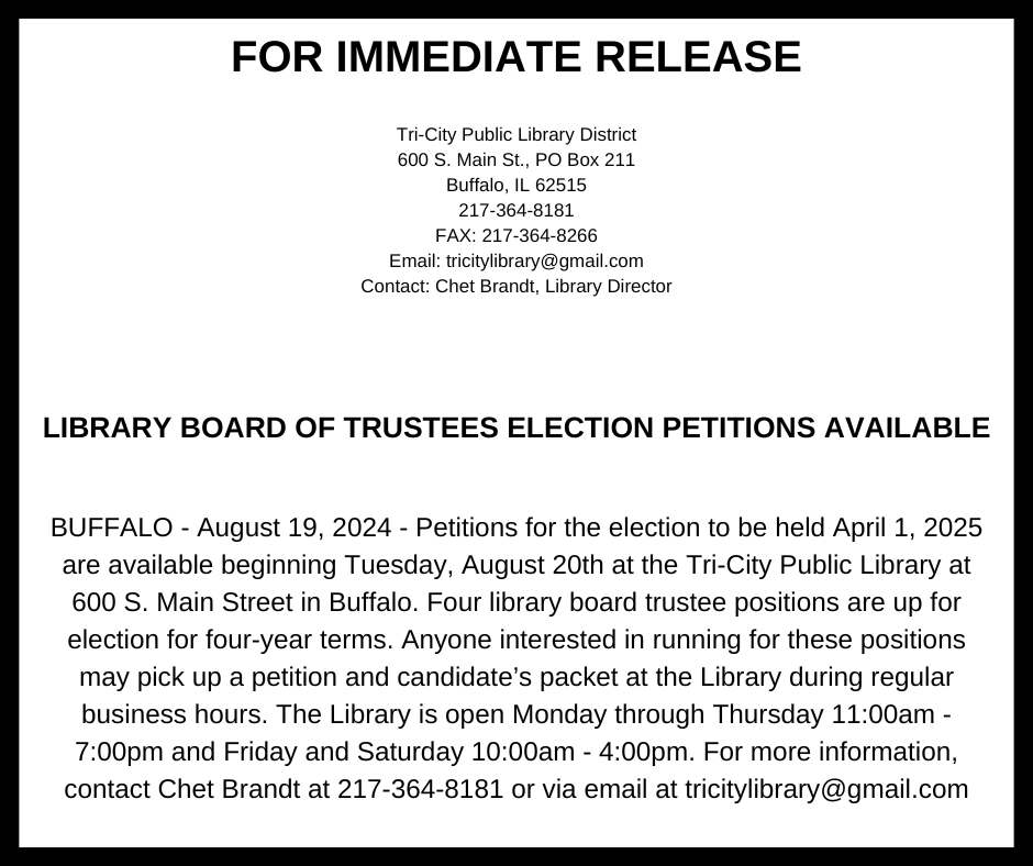 An announcement for library board trustee election petitions available at Tri-City Public Library.