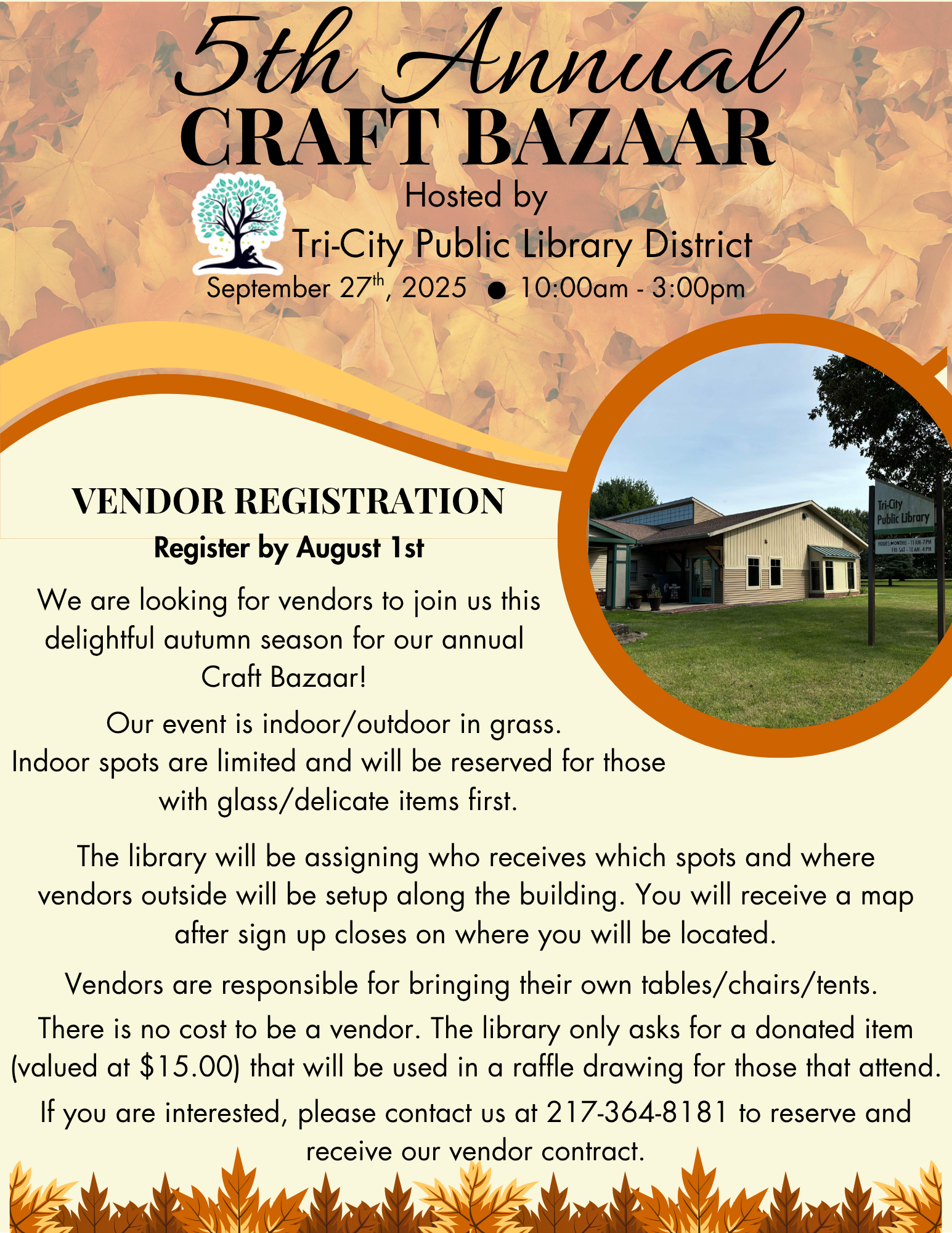 5th Annual Craft Bazaar on September 27, 2025, hosted by Tri-City Public Library District. Vendor registration info included.