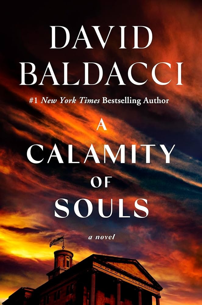 Book cover "A CALAMITY OF SOULS" by David Baldacci, against a dramatic sky backdrop over a courthouse building.