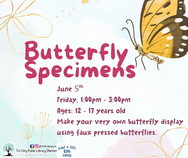 Event on June 5th for ages 12-17: Create a butterfly display using faux pressed butterflies at the Tri-City Public Library.