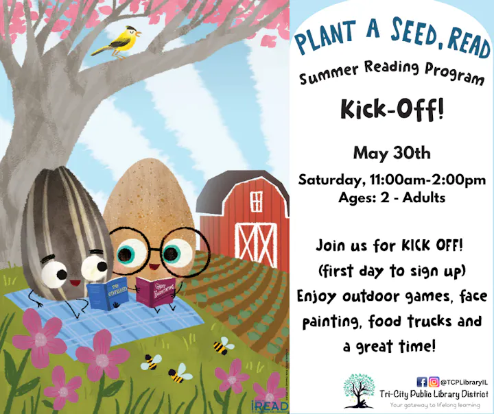 Summer Reading Program kick-off on May 30, 11 AM - 2 PM. Enjoy games, face painting, food trucks. All ages welcome!