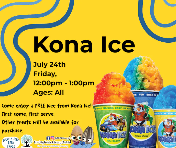 Free Kona Ice event on July 24th, 12-1 PM, at Tri-City Public Library. All ages welcome; first come, first served!