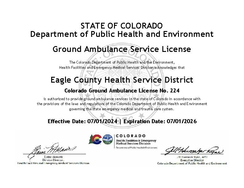 Ground ambulance service license for Eagle County Health, valid 07/01/2024 to 07/01/2026, issued by Colorado Public Health.