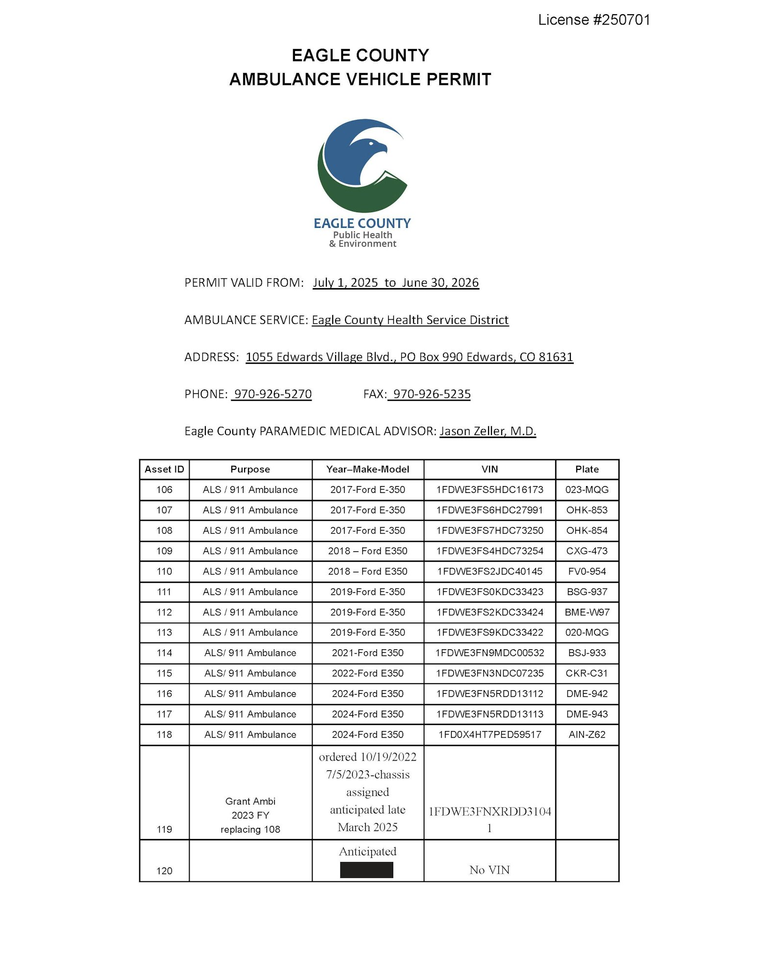 Ambulance vehicle permit list for Eagle County valid July 2025-June 2026, including vehicle details like model and VIN.