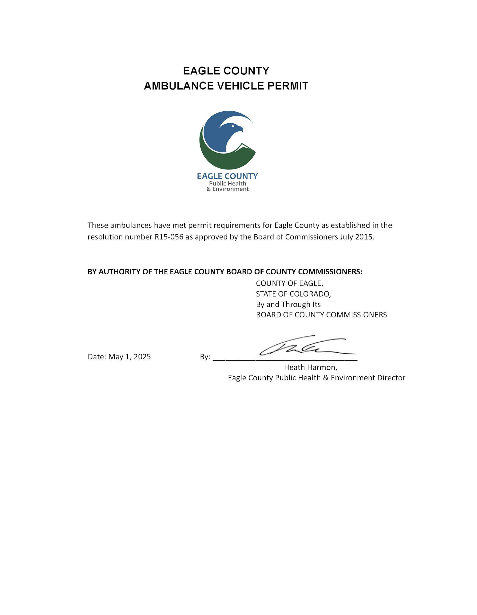Eagle County Ambulance Vehicle Permit issued on May 1, 2025, by Eagle County Public Health & Environment.