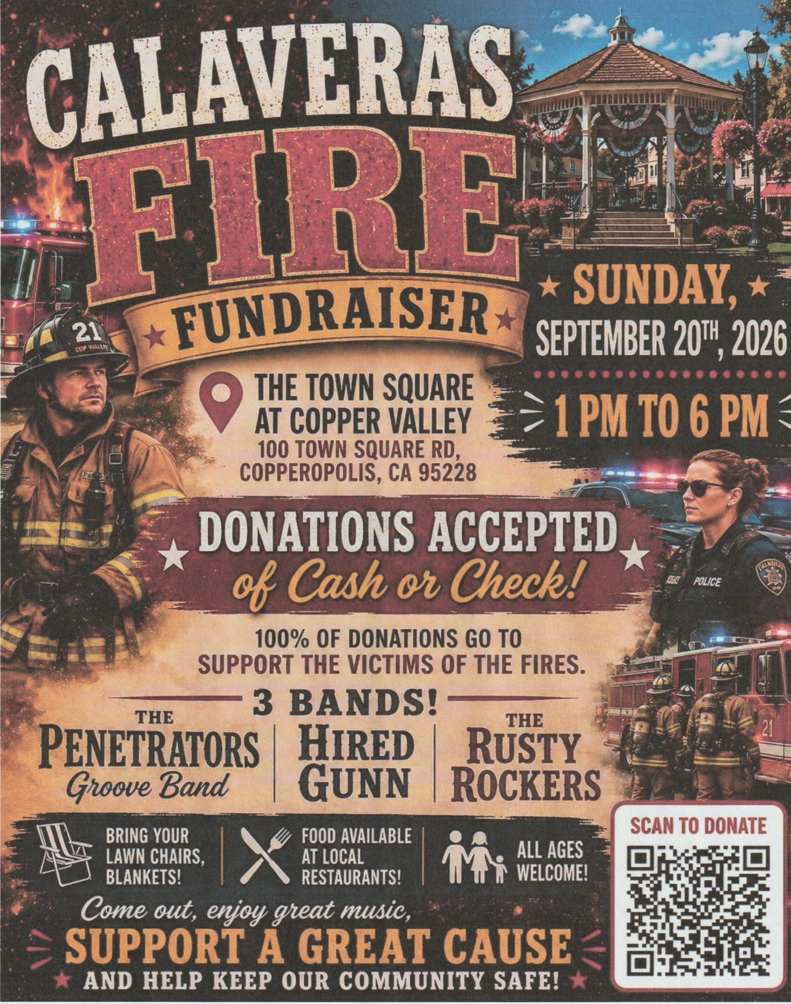 Fundraiser for Calaveras fire victims on Sept 20, 2026, 1-6 PM at Copper Valley. Live music, donations welcomed. All ages!
