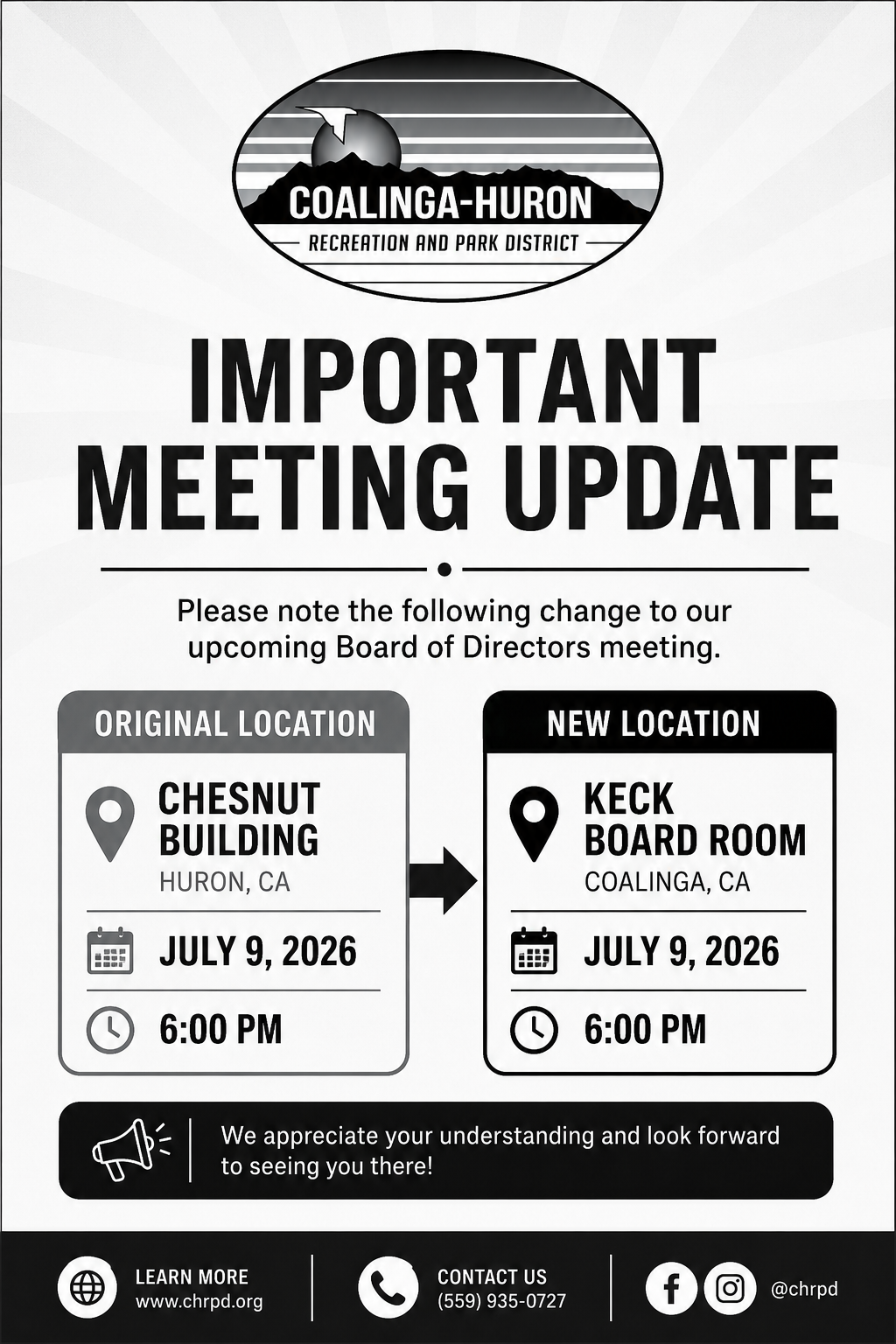 Meeting update: Board of Directors on July 9, 2026, relocated from Chesnut Building, Huron to Keck Board Room, Coalinga at 6 PM.