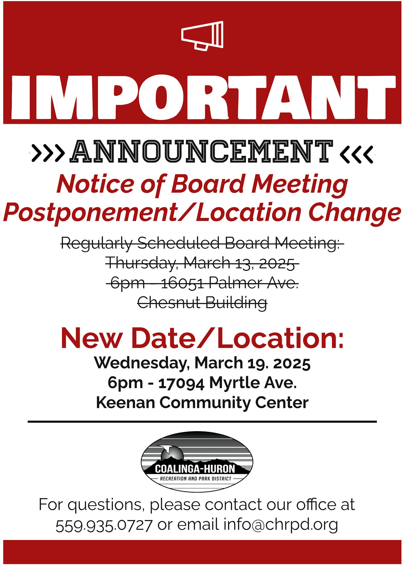 Board meeting postponed to March 19, 2025, 6 PM at 17094 Myrtle Ave, Keenan Community Center. Contact info@chrpd.org for questions.