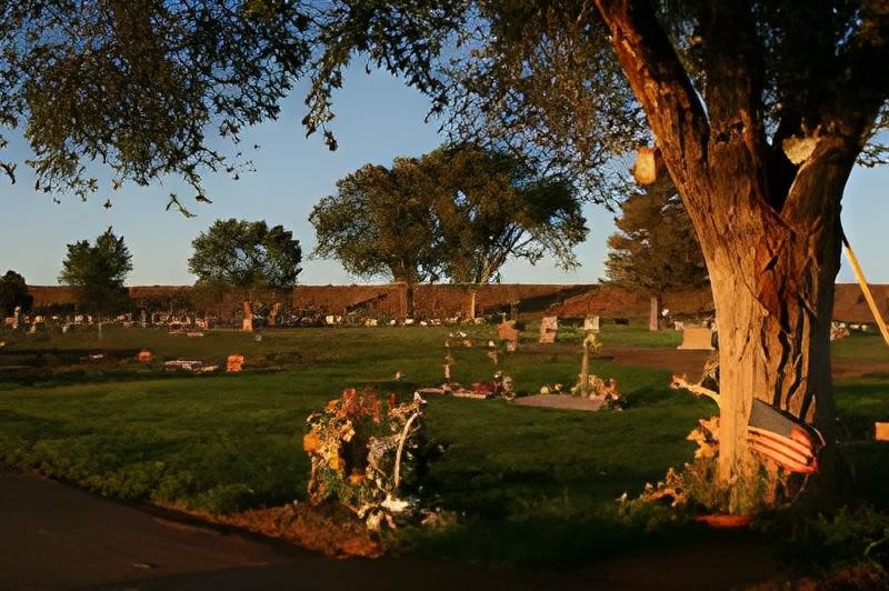 A tranquil cemetery at sunset with trees and decorative graves.