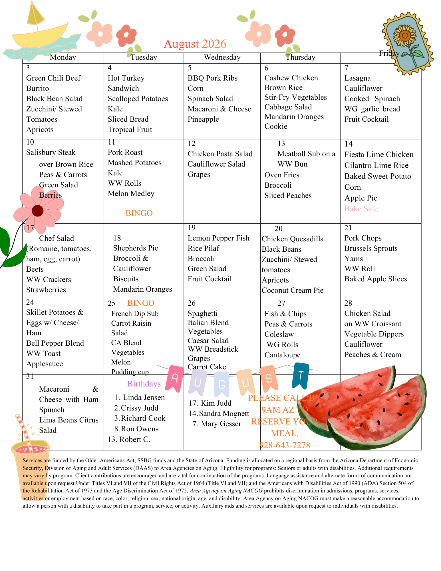 The image shows a meal calendar for August 2026, listing daily lunch menus and notable dates, including birthdays and a bake sale.