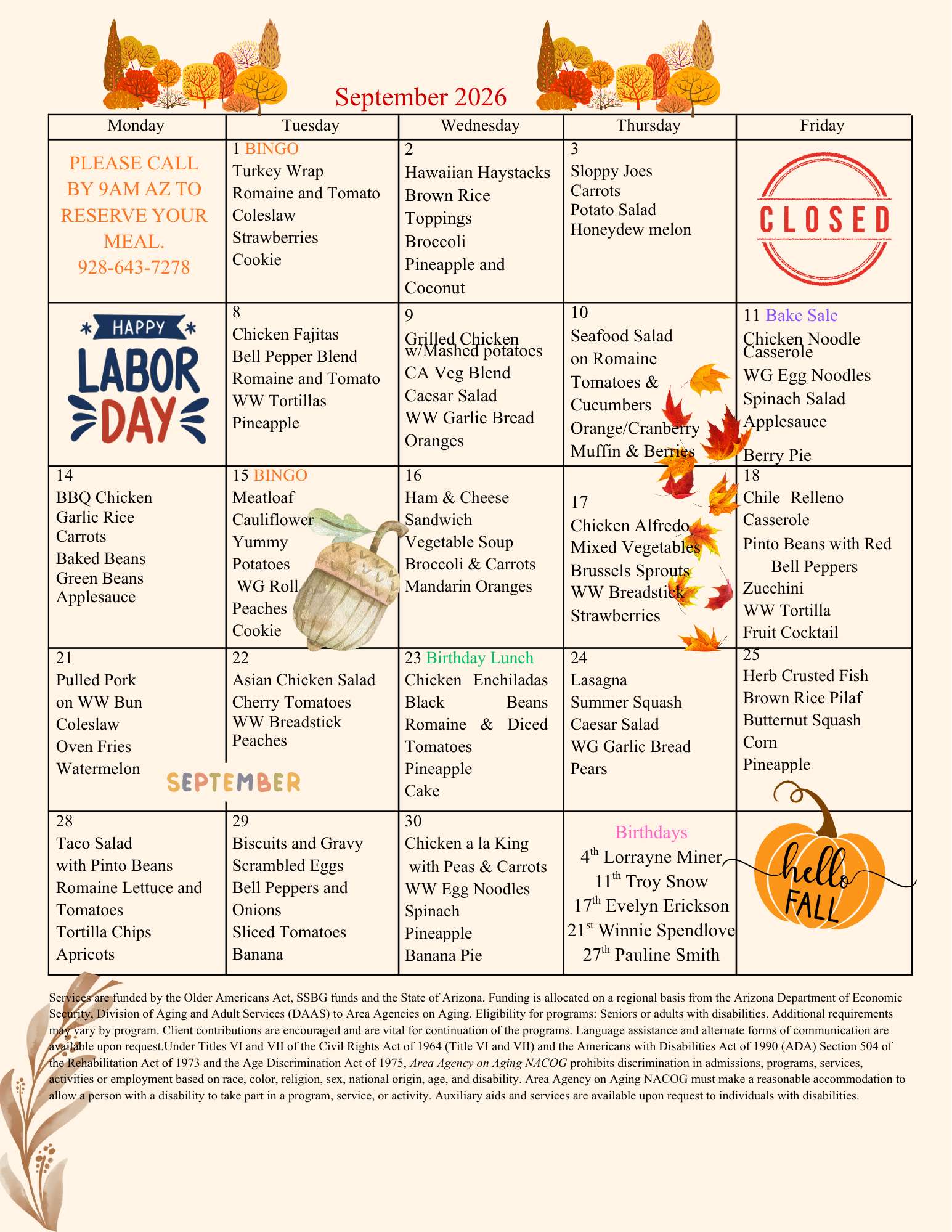 September 2026 meal calendar featuring daily menus, special events, and birthday celebrations for seniors.