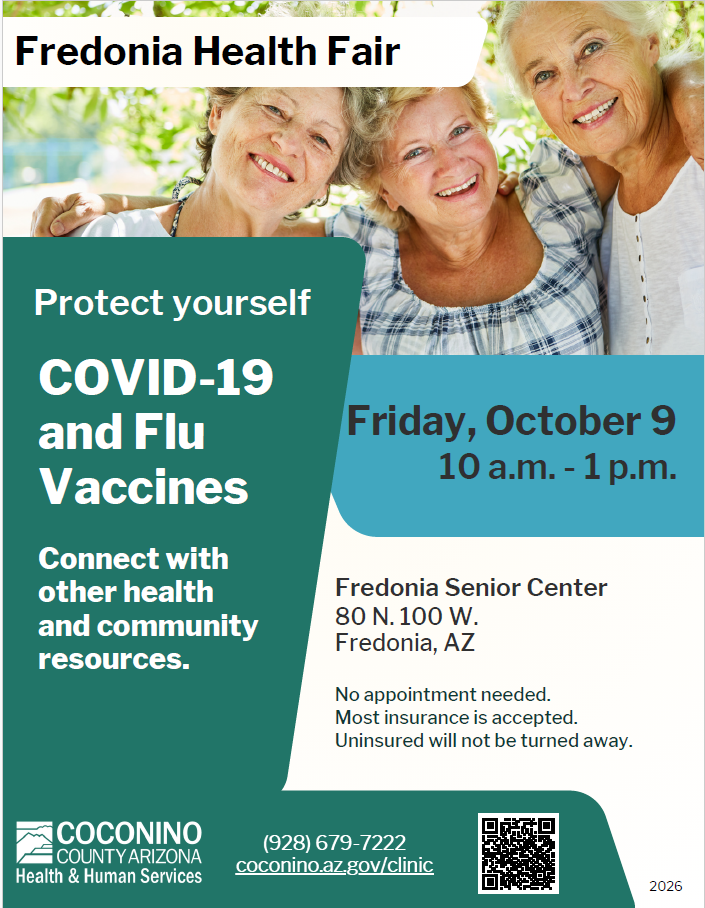 Fredonia Health Fair on October 9, 10 a.m. - 1 p.m. at Fredonia Senior Center. COVID-19 & flu vaccines available. No appointment needed.