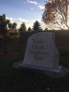 Todd Creek Meadows Park sign on rock