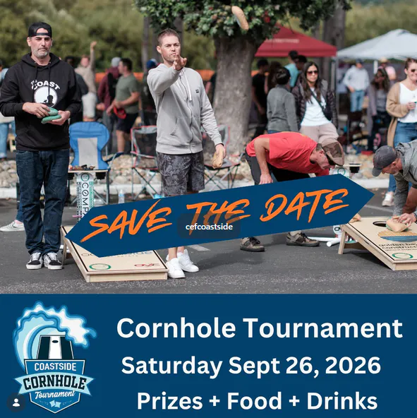 Image promotes a Cornhole Tournament on September 26, 2026, featuring games, prizes, food, and drinks. Save the date!