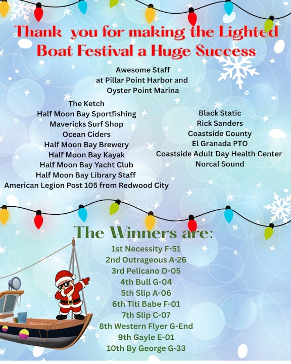 A thank you note for the Lighted Boat Festival, listing sponsors and contest winners with Santa illustration and festive decorations.