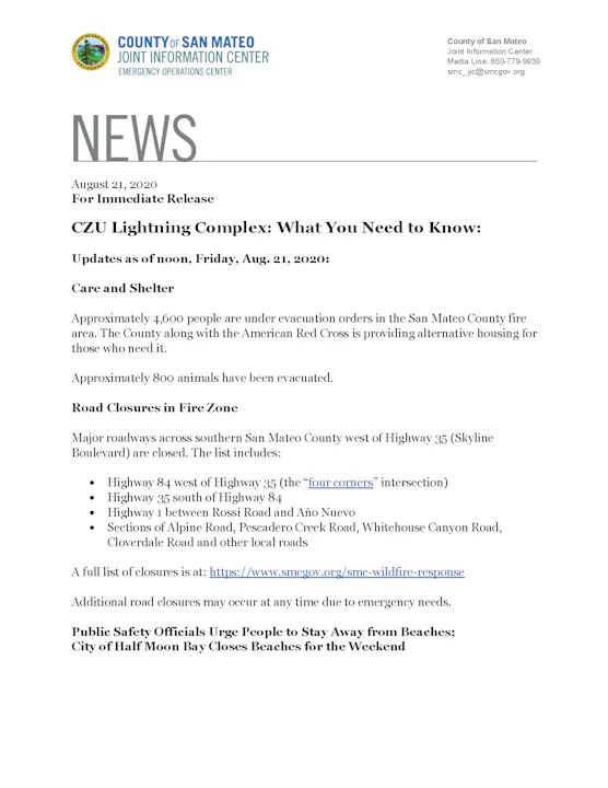 The notice details evacuation orders for 4,600 people due to the CZU Lightning Complex, plus road closures and shelter info.