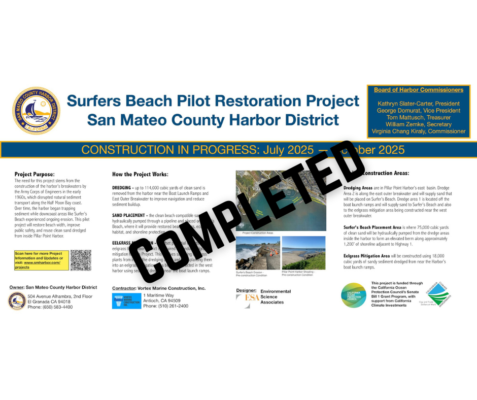 The image details the Surfers Beach Pilot Restoration Project by the San Mateo County Harbor District, indicating construction phases and methods.