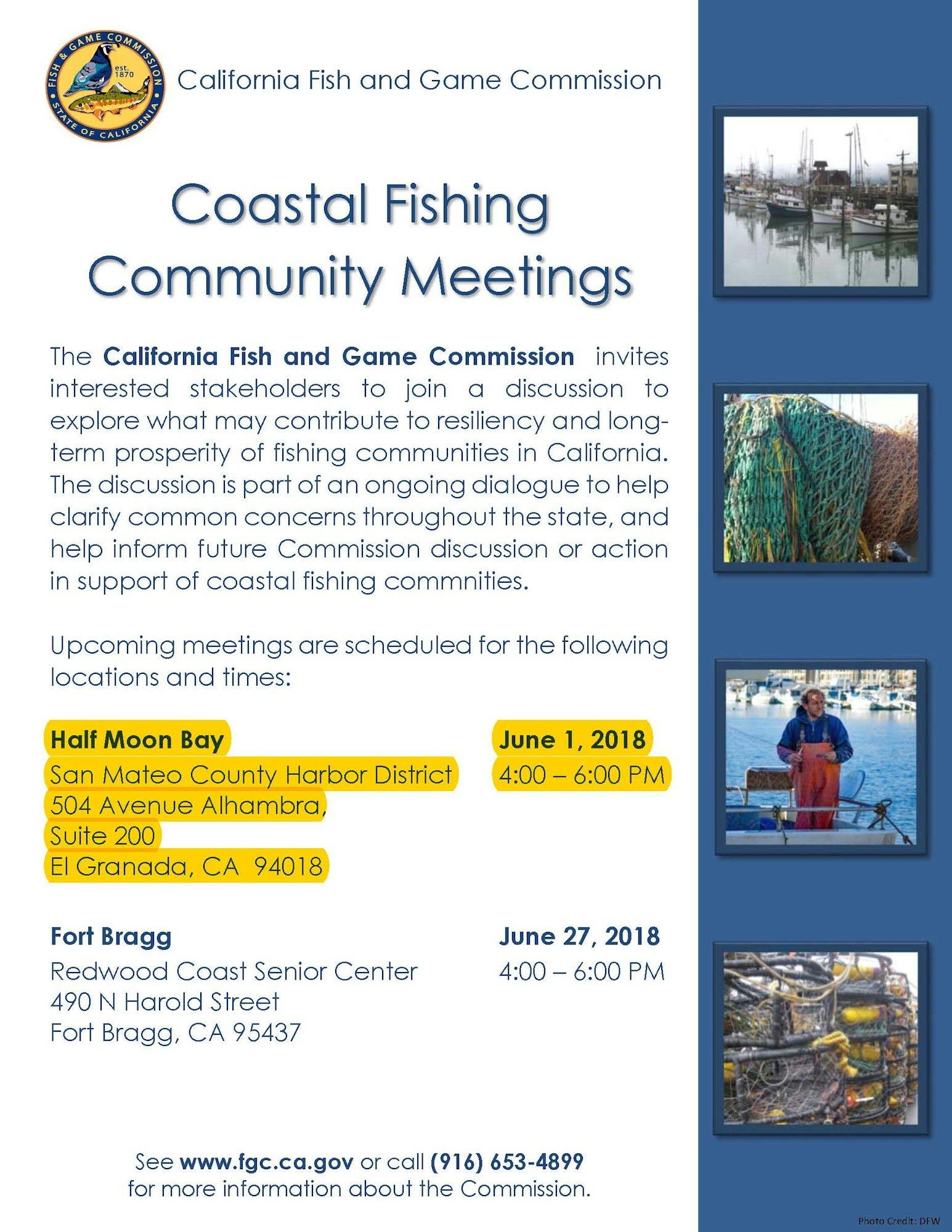 The image details upcoming community meetings on coastal fishing in California by the Fish and Game Commission.