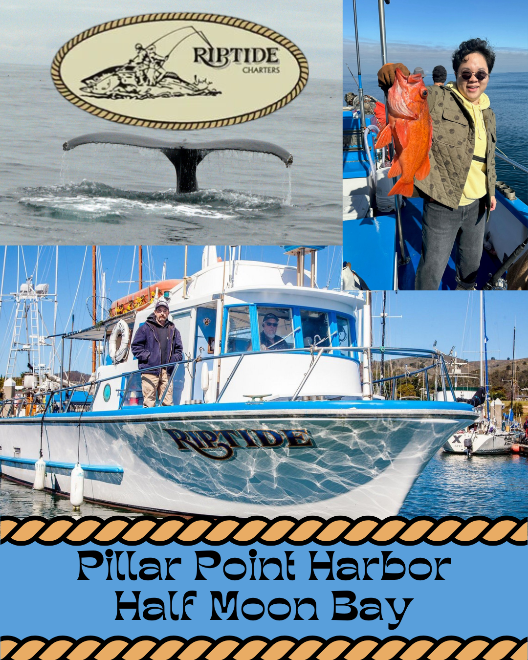 Collage of Riptide Charters: whale tail, person with fish, boat named Riptide, and "Pillar Point Harbor Half Moon Bay" text.