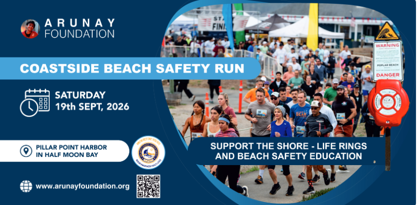 Event poster for the Coastside Beach Safety Run on Sept 19, 2026, at Pillar Point Harbor. Supports beach safety education.