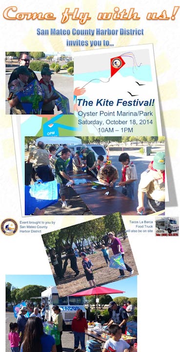 The image promotes the Kite Festival at Oyster Point Marina/Park on October 18, 2014, featuring activities and a food truck.