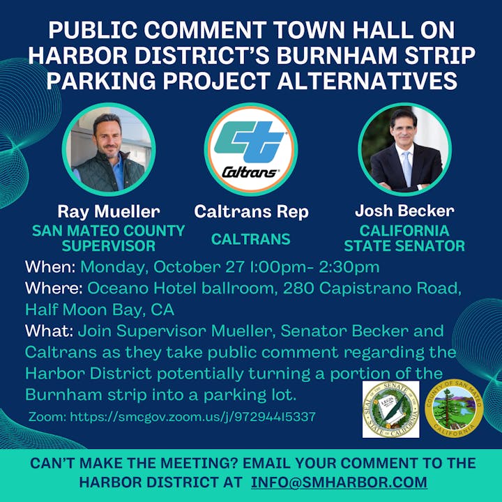 Town hall on Burnham Strip parking project alternatives, Oct 27, 1-2:30pm, Oceano Hotel, Half Moon Bay, CA. Zoom link provided.