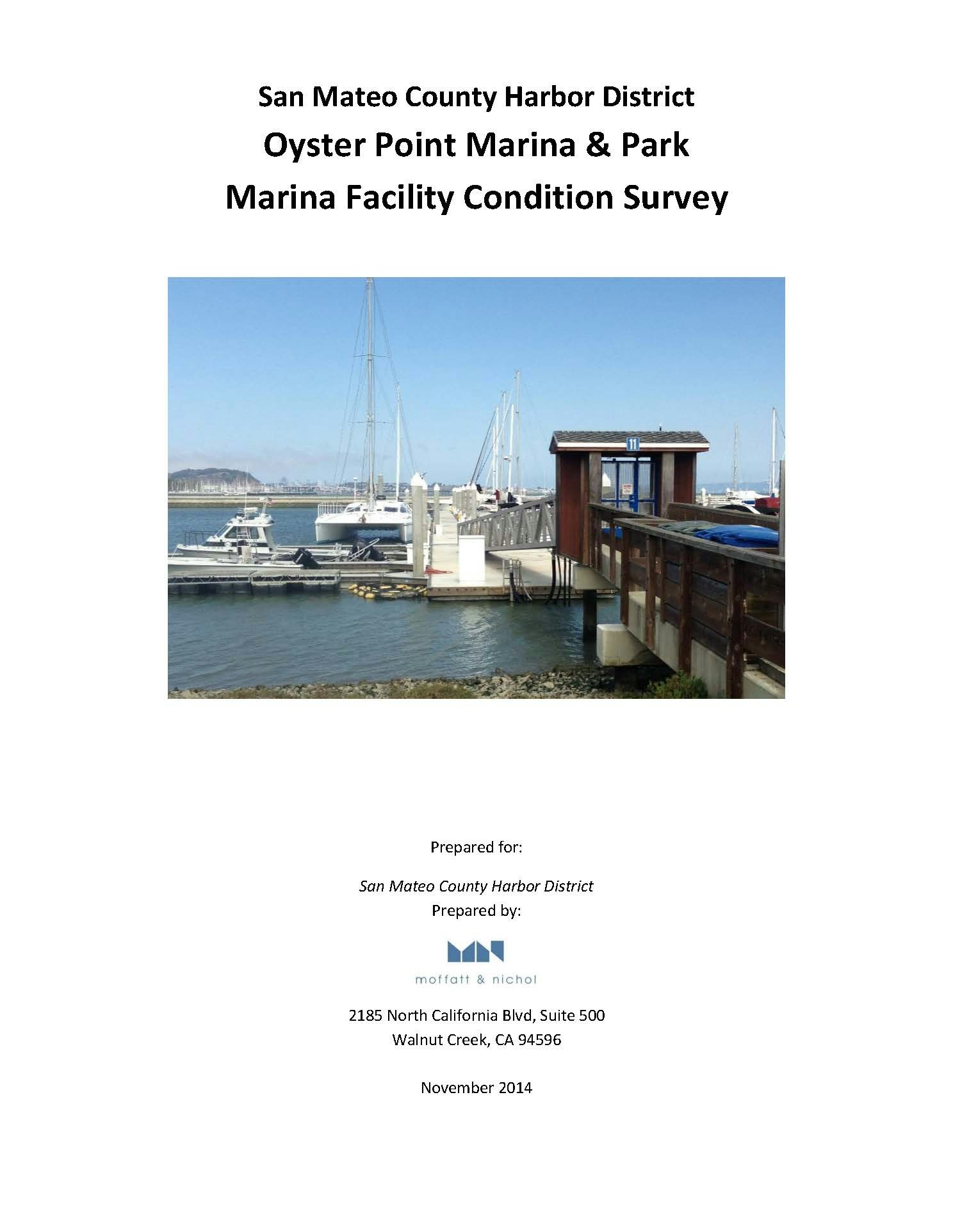 The image is a cover page for a report on the Oyster Point Marina & Park facility condition survey for the San Mateo County Harbor District.