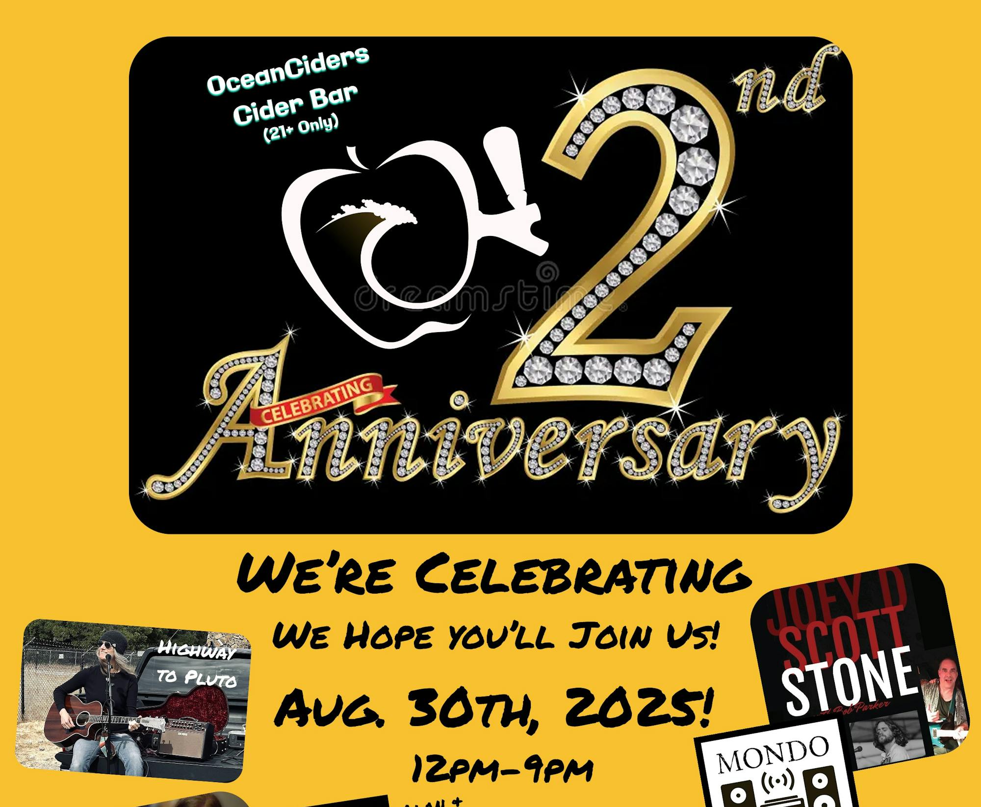 OceanCiders' 2nd anniversary on Aug 30th, 2025, 12pm-9pm, with live music, cider, and views at Pillar Point Harbor Blvd.
