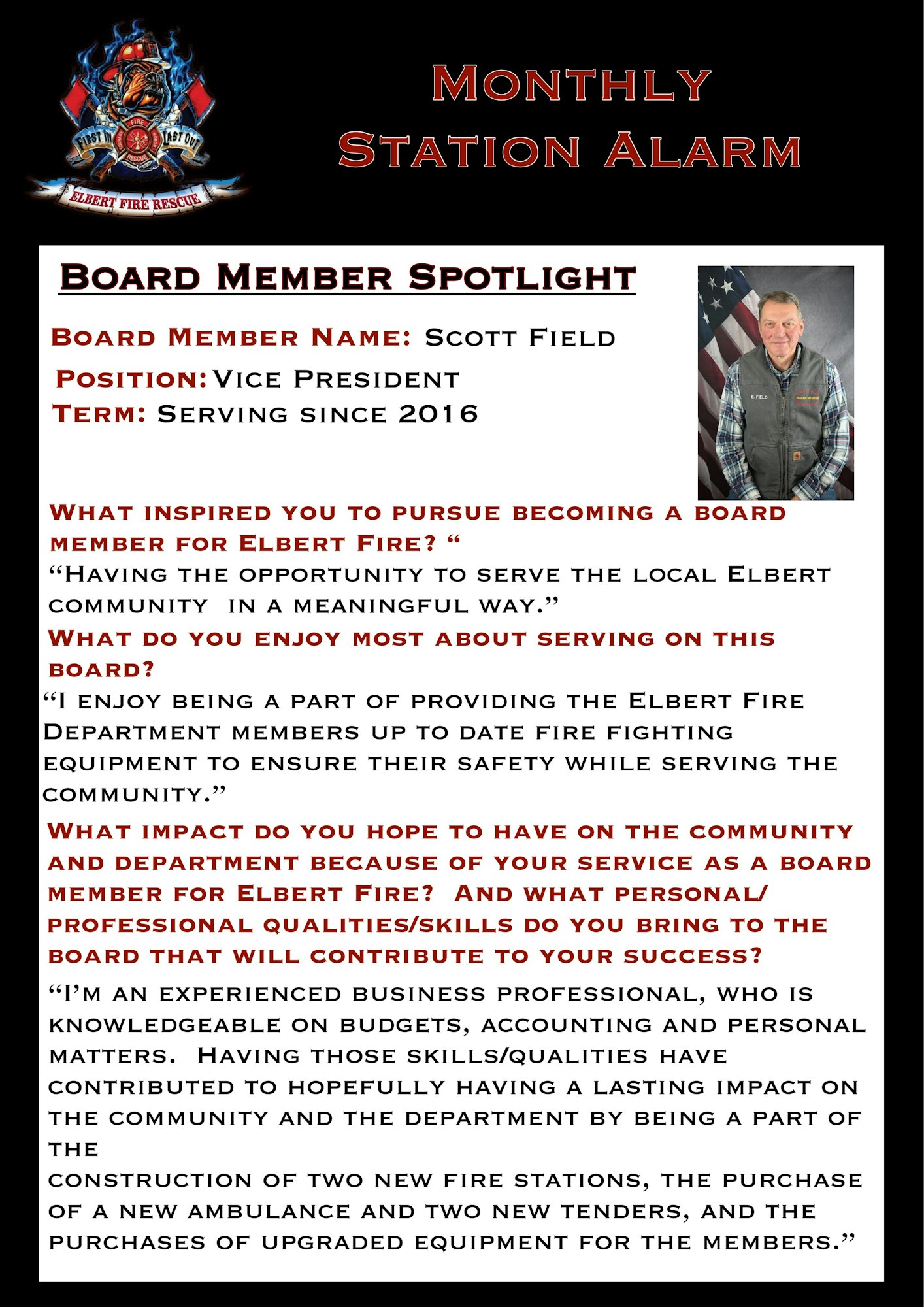 Spotlight on Scott Field, Vice President of Elbert Fire since 2016, focused on community service and upgrading fire equipment.