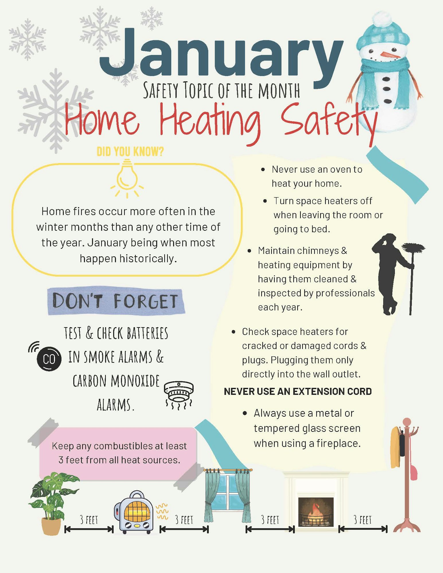 Tips on home heating safety for January, including using heaters safely, maintaining equipment, and fire safety advice.