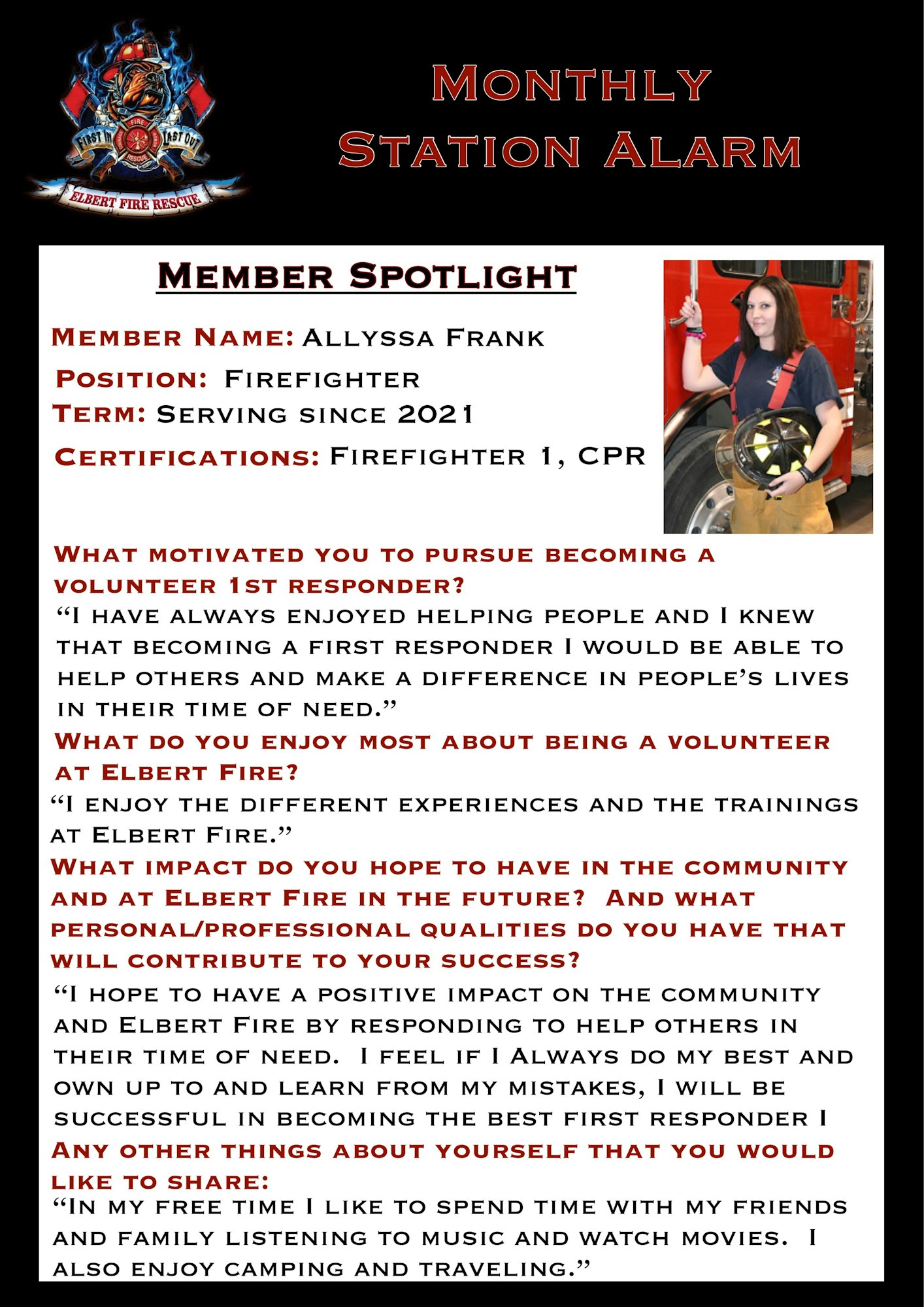 Member Spotlight: Allyssa Frank, a firefighter since 2021, shares motivations, experiences, and personal interests.