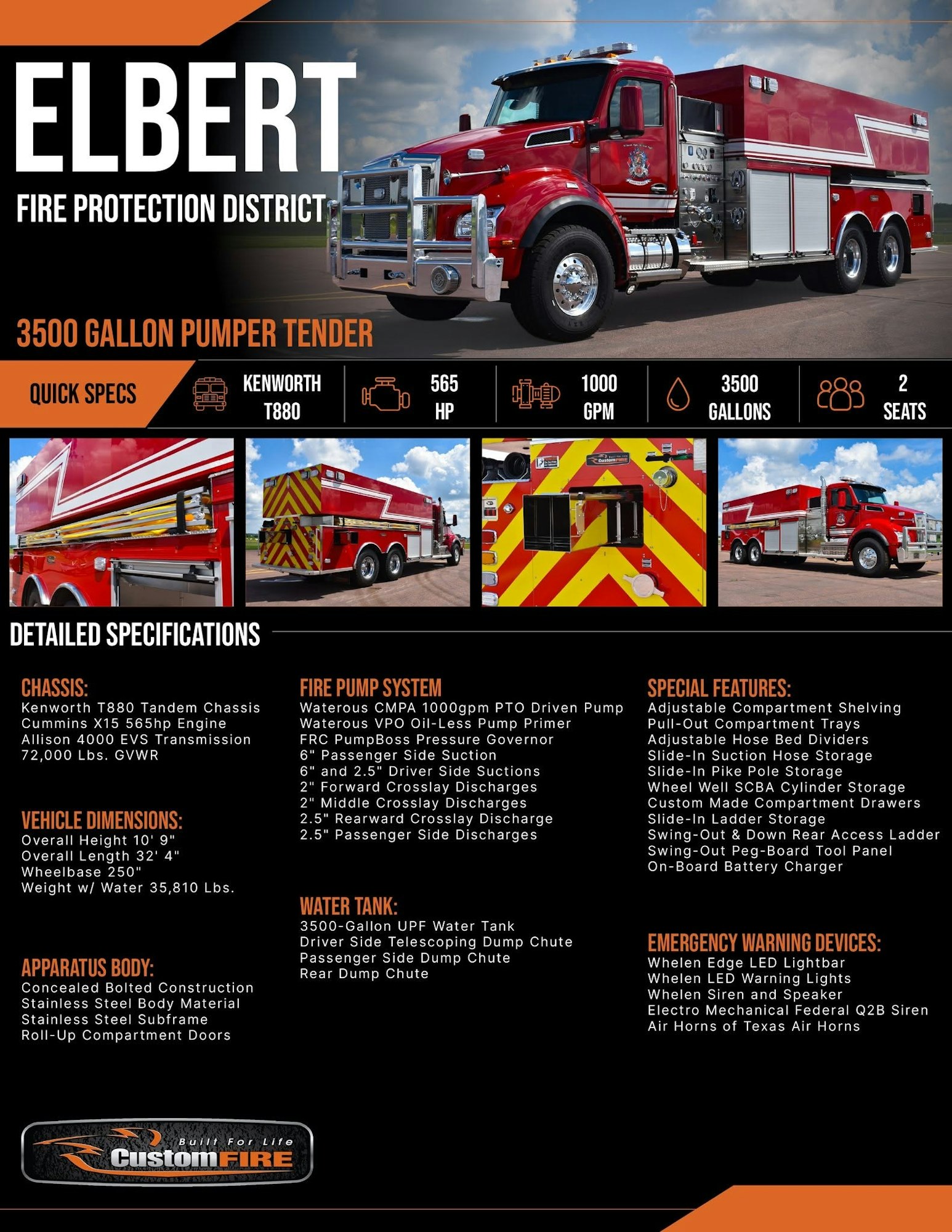 Image shows a 3500-gallon pumper tender truck from Elbert Fire Protection District, detailing specs and features.